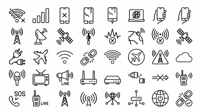 Wireless network failure and communication outage outline icon collection editable vector set