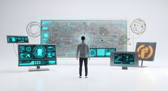 Man standing in front of futuristic digital control room with interactive data screens and cyberspace interface.