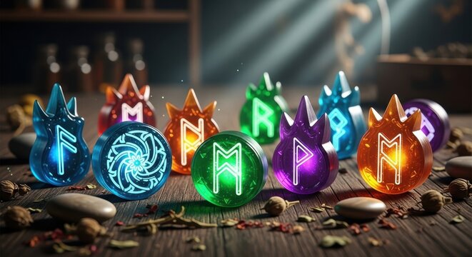 Colorful glowing magical runestones on wooden table.
