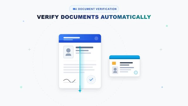 2D flat design animation of AI document verification and automatic ID card matching process
