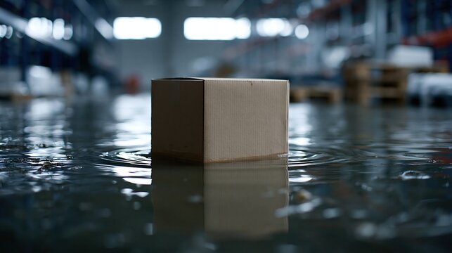 Cardboard box submerged in floodwater inside a warehouse with blurred industrial background and shallow depth of field