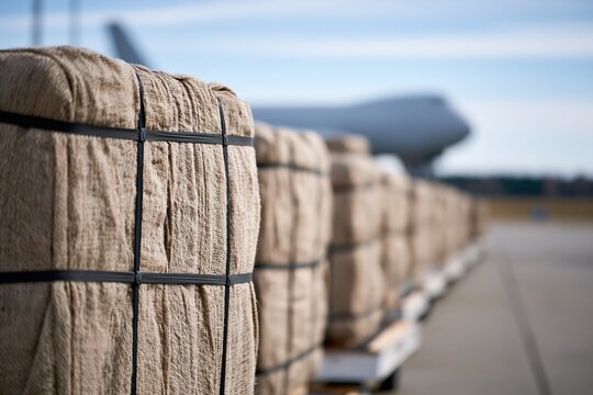 Rows of burlap sacks strapped on pallets at an airport tarmac with a cargo plane in the background