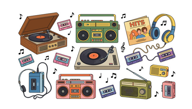 Vector collection of retro audio equipment and music devices. record player, boombox, cassette tapes, headphones, vintage radio, illustrations.