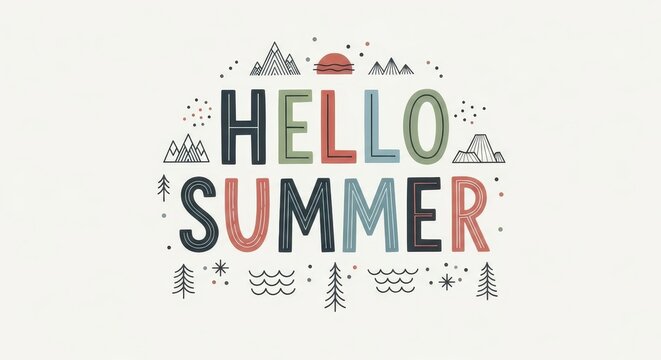 Colorful Hello Summer Typography with Mountain and Wave Graphics.