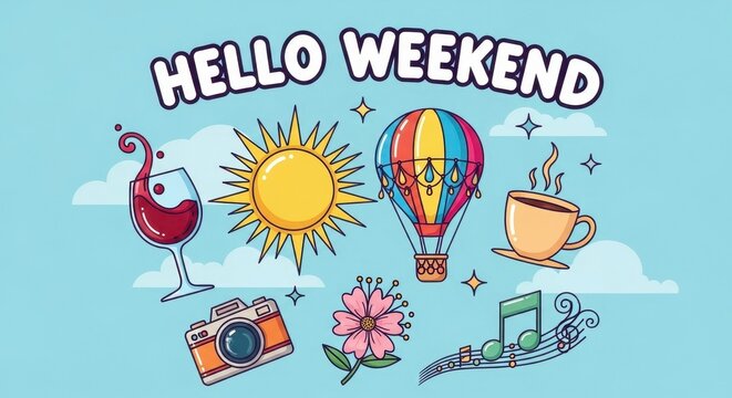 Colorful Hello Weekend Illustration with Fun Elements.