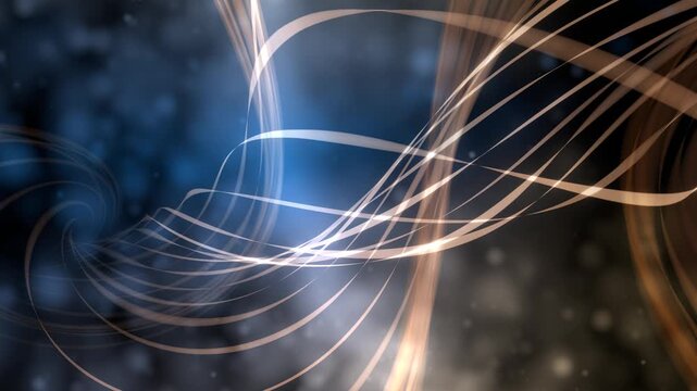 A mesmerizing video sequence depicting a radiant vortex of luminous golden threads dancing gracefully against a cosmic backdrop