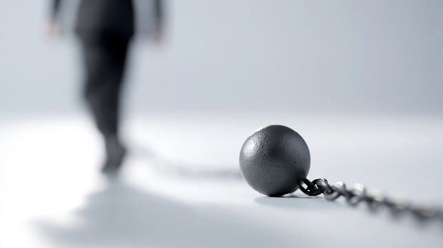Close-up of a heavy metal ball and chain resting on the floor while a blurred businessman walks away in the background suggesting burden or debt.