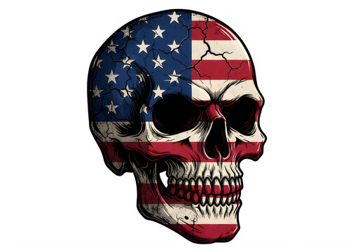 Pixel art human skull with american flag pattern design isolated on transparent background, isolated on white background