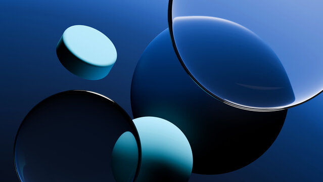 Modern 3D abstract blue geometric glass spheres and cylinder background. Ideal for tech presentations, UI web design, and sleek digital marketing banners