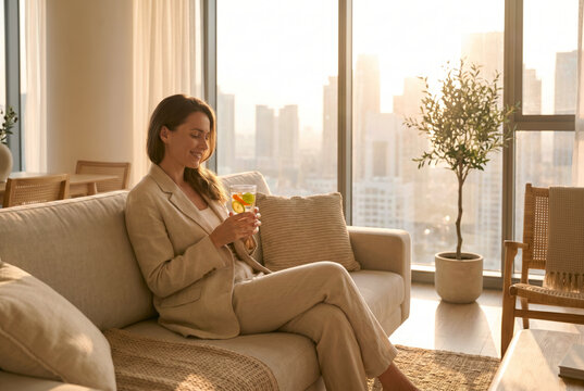 Woman relaxing in a modern apartment at sunrise while holding infused water with citrus, creating a calm wellness scene focused on mindful living, hydration and natural skincare