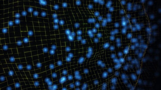 A mesmerizing abstract video unfolds in a dark space, featuring pulsating blue dots moving in gentle waves against a yellow grid that guides the eye through an intricate and fluid design