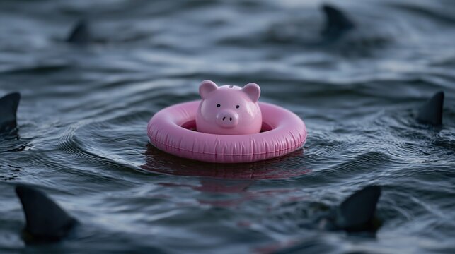 Pink piggy bank floating in inner tube surrounded by shark fins in dark water symbolizing financial danger