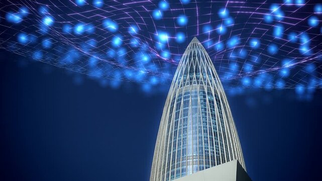 A towering modern skyscraper dominates the scene, its sleek structure rising into the night sky with vibrant blue light emanating from its top