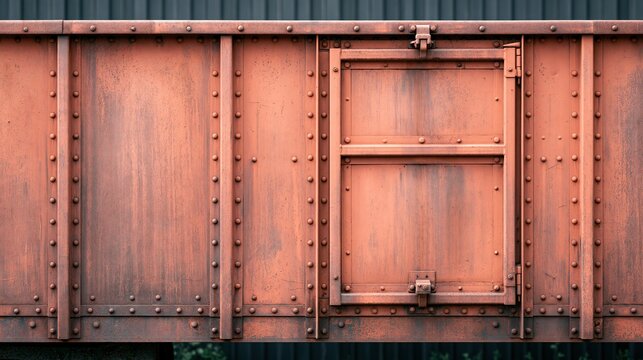 Close-up view of a rusty orange metal train cargo box door with rivets and hinges against a dark background