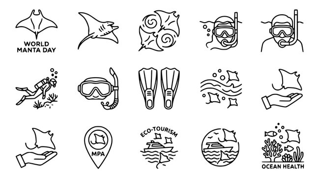 Manta Ray Icons Set: Diving, Snorkeling, Ocean Conservation & Marine Life