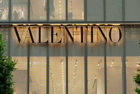 Tokyo, Japan - May 12, 2025: Valentino logo on the store building Tokyo. One of Italian luxury brand.