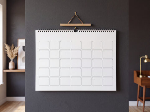 Minimalist white wall calendar mockup hanging on a dark grey interior background for creative planning