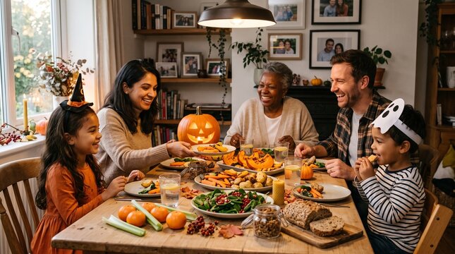 Multi generational family enjoys a festive Halloween dinner with carved pumpkin and seasonal food.