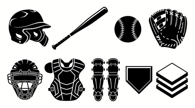 Baseball gear set and sport equipment vector silhouettes