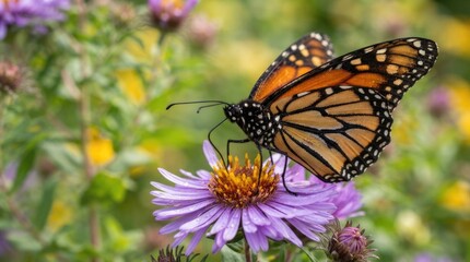 Obraz premium Orange monarch butterfly perched upon vibrant purple aster flower petals in sunny garden setting with natural lighting blurred blurred green background captures close profile profile view soft