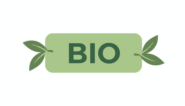 Green bio product label with twin leaves extending from a rounded green rectangle on a plain white background.