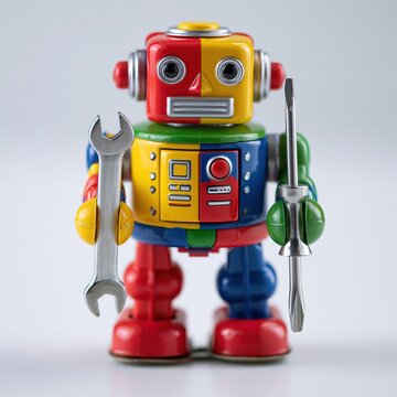 Colorful vintage tin toy robot holding wrench and screwdriver against white background