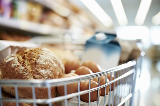 Fresh bread and eggs in a shopping cart inside a brightly lit supermarket aisle, capturing everyday grocery shopping.