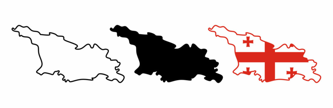 Georgia map set featuring outline, solid silhouette and national flag designs for geography, travel, education, infographic and cartography projects, in clean flat vector style isolated on white.
