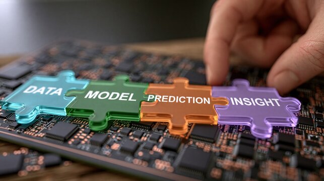 Colorful puzzle pieces labeled data model prediction and insight resting on electronic circuit board with hand reaching in