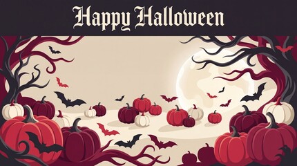 Fototapeta premium A festive Halloween illustration featuring a full moon background with many orange pumpkins and flying bats in silhouette