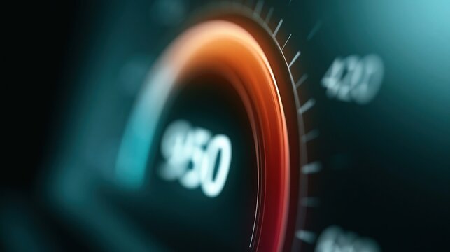 Abstract close-up of a glowing digital speedometer displaying ninety five zero on a dark teal background with orange and red gradients.