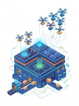 Isometric futuristic automated warehouse hub with delivery drones and conveyor belts