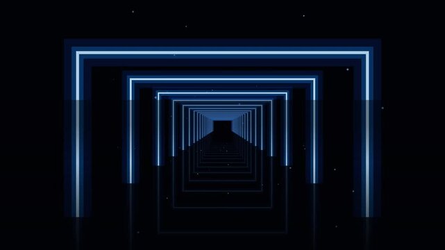 Futuristic neon arch tunnel background, blue square glowing light portal loop, sci-fi corridor motion graphics 4k