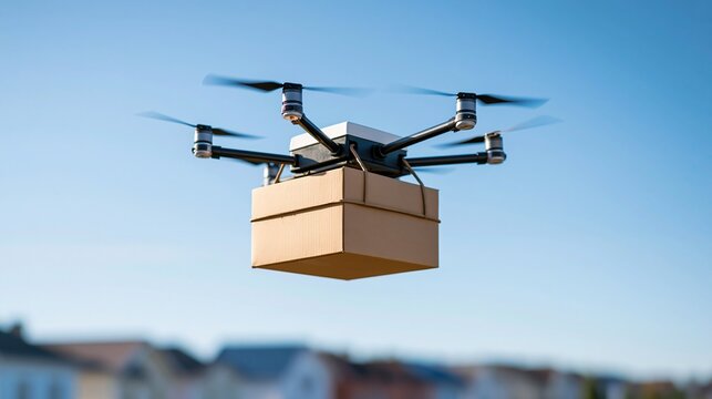 Black quadcopter drone carrying cardboard package flying above suburban houses against clear blue sky