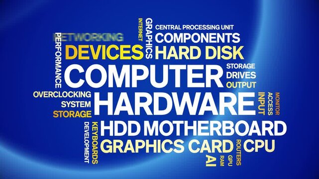 Computer Hardware animated word cloud-text design animation tag kinetic typography seamless loop.