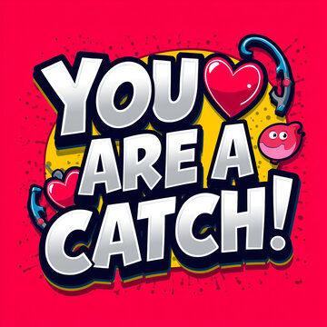 Colorful comic book style illustration with the text You Are A Catch and hearts.