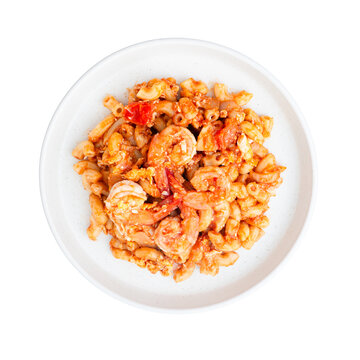 Stir-fried homemade macaroni with shrimp and egg on white plated  on  isolated white background including clipping path