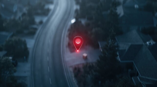 Aerial view of a glowing red map pin marker hovering over a suburban road and houses at dusk.