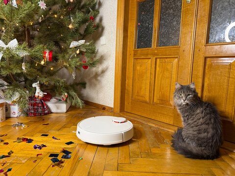 Modern white round robot vacuum cleaner cleaning colorful confetti on a wooden parquet floor in a festive home interior with a fluffy grey cat watching, located near a decorated Christmas tree an