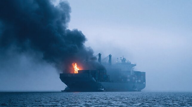 Large cargo ship engulfed in flames with thick black smoke rising into the foggy sky over calm ocean waters