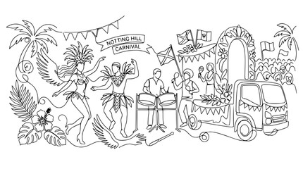Fototapeta premium Notting Hill Carnival Line Art: Celebration, Music, Parade, Tropical Vibes
