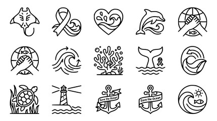 Fototapeta premium Ocean Conservation Icons: Dolphin, Turtle, Wave, Anchor, Lighthouse, Coral, Earth