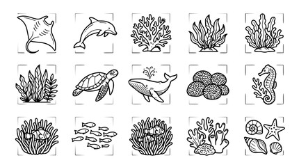 Obraz premium Ocean Life Icons: Dolphin, Whale, Turtle, Fish, Seahorse, Stingray, Coral