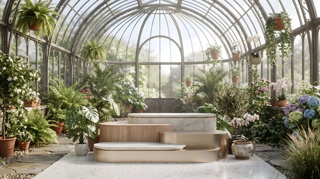 Luxury multi-level display podium surrounded by tropical plants and flowering plants inside an elegant glass greenhouse with soft natural light
