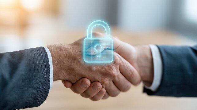 Business professionals shaking hands with a glowing blue digital security padlock icon hovering above their clasped hands symbolizing safe agreement
