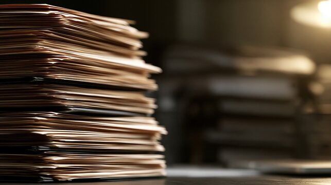 tall stack of old brown papers and folders on dark desk with blurred background under warm light