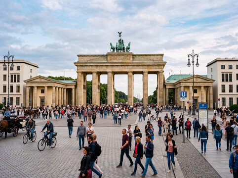 Historical neoclassical monument structure in the German capital city center with many pedestrians walking outside