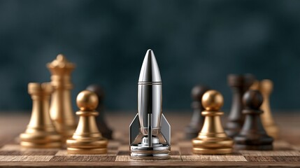 Fototapeta premium Shiny silver rocket toy stands prominently on a wooden chessboard surrounded by golden and black chess pieces against a dark teal background.