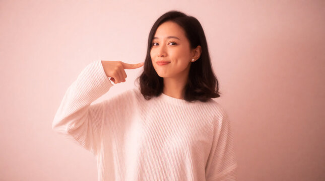 Portrait of a happy young woman pointing finger at her cheek