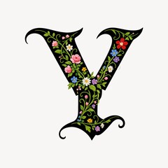 Fototapeta premium Decorative floral letter Y in black, featuring colorful blossoms and vines.